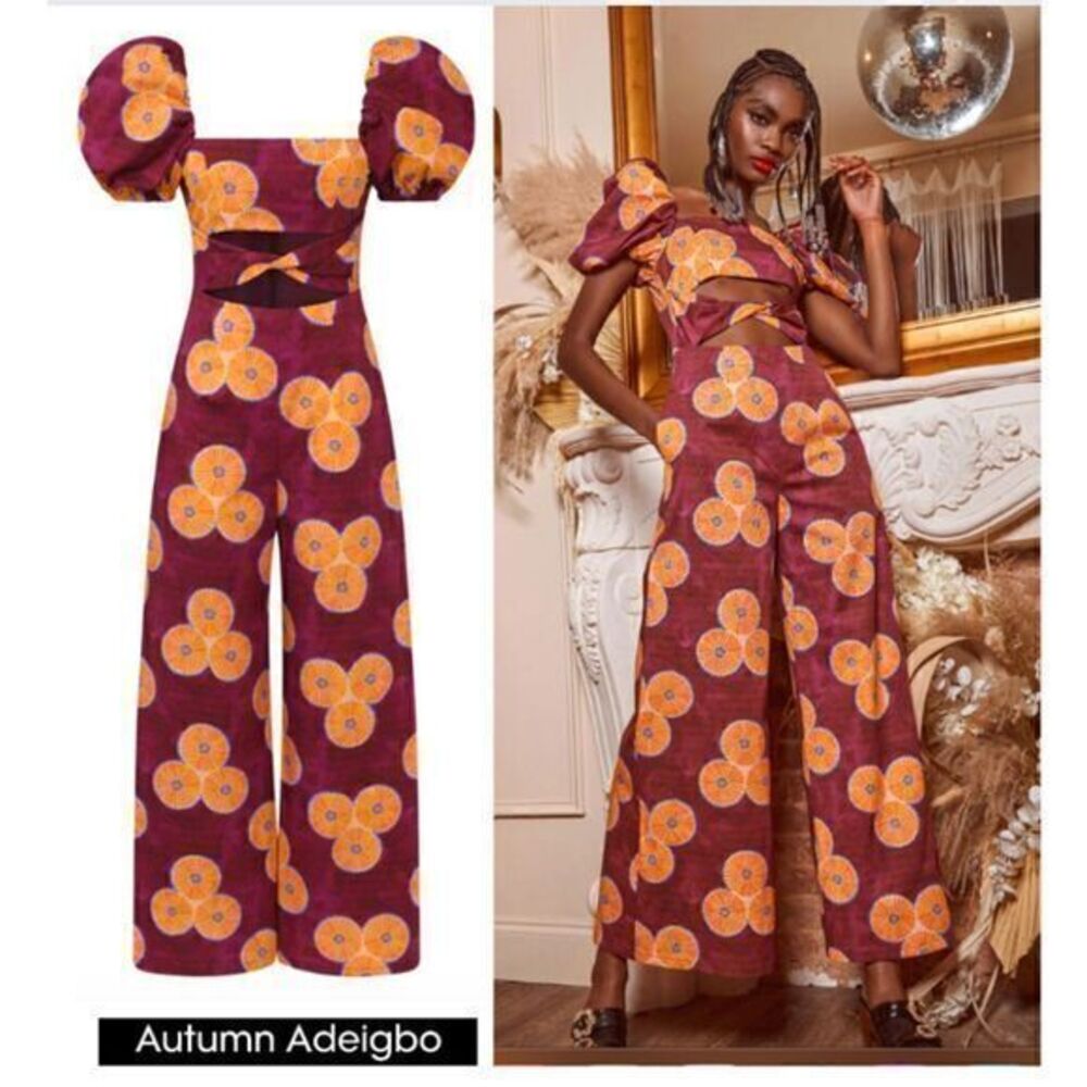 Autumn Adeigbo Nicole Size 4 Jumpsuit Puff Sleeved Wide Leg Burgundy Gold‎
